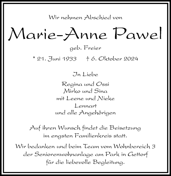 Traueranzeige von Marie-Anne Pawel von Kieler Nachrichten