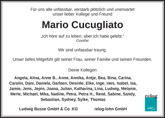 Traueranzeige von Mario Cucugliato von Hannoversche Allgemeine Zeitung/Neue Presse