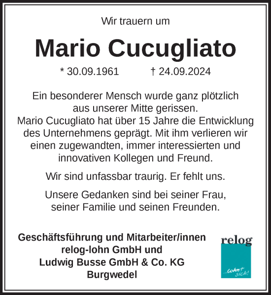 Traueranzeige von Mario Cucugliato von Hannoversche Allgemeine Zeitung/Neue Presse