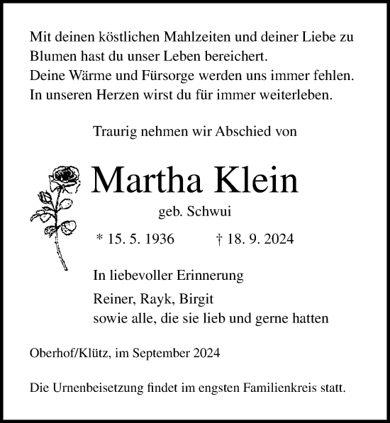 Traueranzeige von Martha Klein von Ostsee-Zeitung GmbH