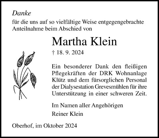 Traueranzeige von Martha Klein von Ostsee-Zeitung GmbH