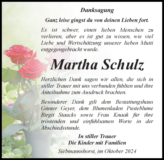 Traueranzeige von Martha Schulz von Wochenspiegel