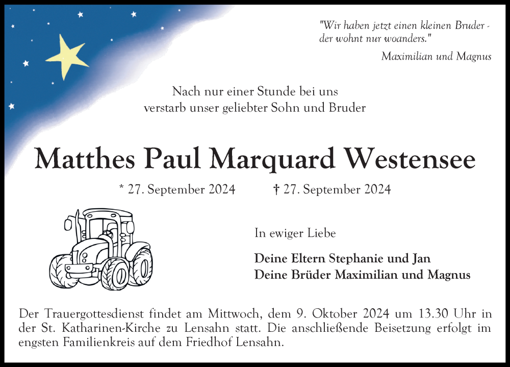  Traueranzeige für Matthes  Westensee vom 05.10.2024 aus Lübecker Nachrichten