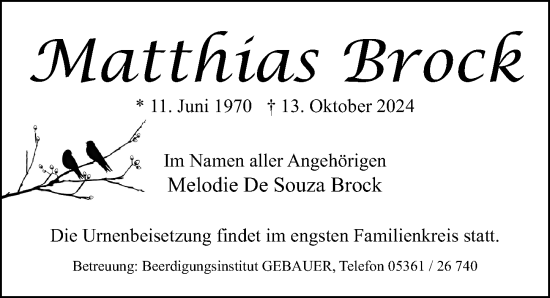 Traueranzeige von Matthias Brock von Aller Zeitung