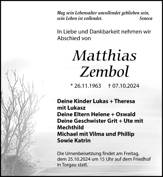 Traueranzeige von Matthias Zembol von Torgauer Zeitung