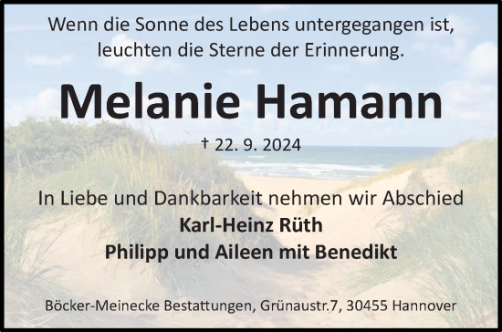 Traueranzeige von Melanie Hamann von Hannoversche Allgemeine Zeitung/Neue Presse