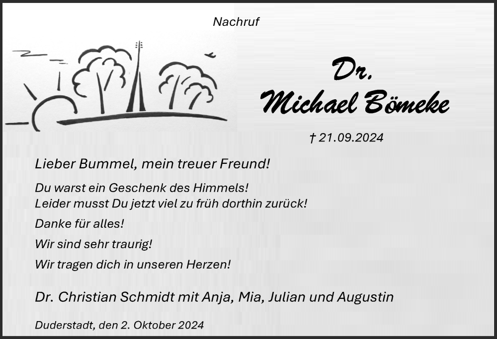  Traueranzeige für Michael Bömeke vom 02.10.2024 aus Eichsfelder Tageblatt