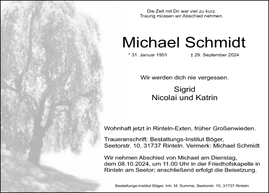 Traueranzeige von Michael Schmidt von Schaumburger Nachrichten und Schaumburger Zeitung/ Landes-Zeitung