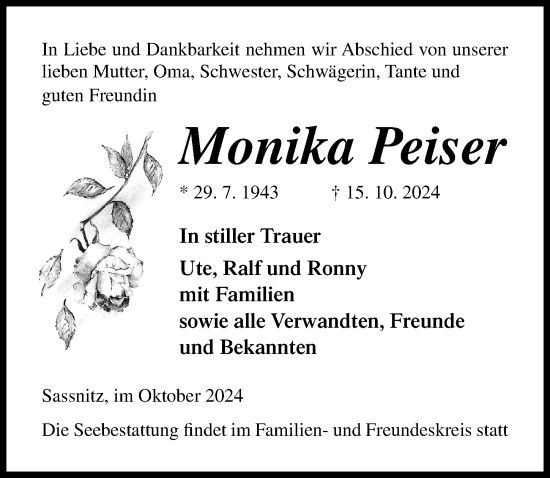Traueranzeige von Monika Peiser von Ostsee-Zeitung GmbH