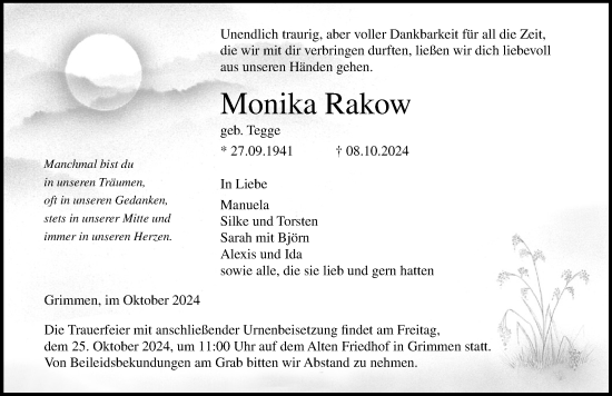 Traueranzeige von Monika Rakow von Ostsee-Zeitung GmbH