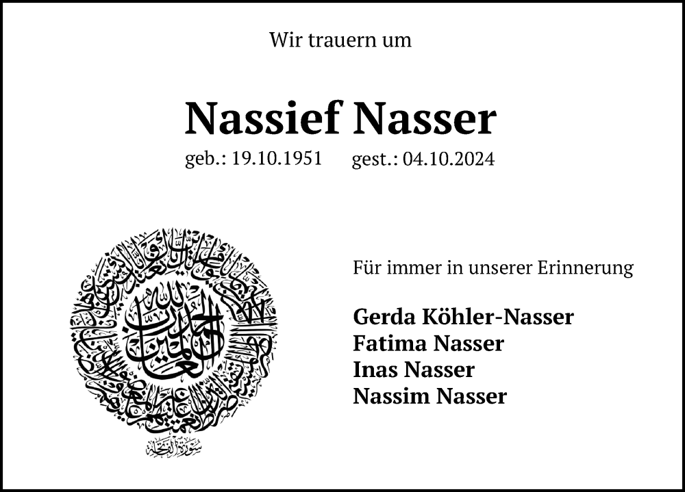  Traueranzeige für Nassief Nasser vom 12.10.2024 aus Hannoversche Allgemeine Zeitung/Neue Presse