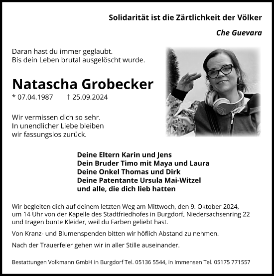 Traueranzeige von Natascha Grobecker von Hannoversche Allgemeine Zeitung/Neue Presse