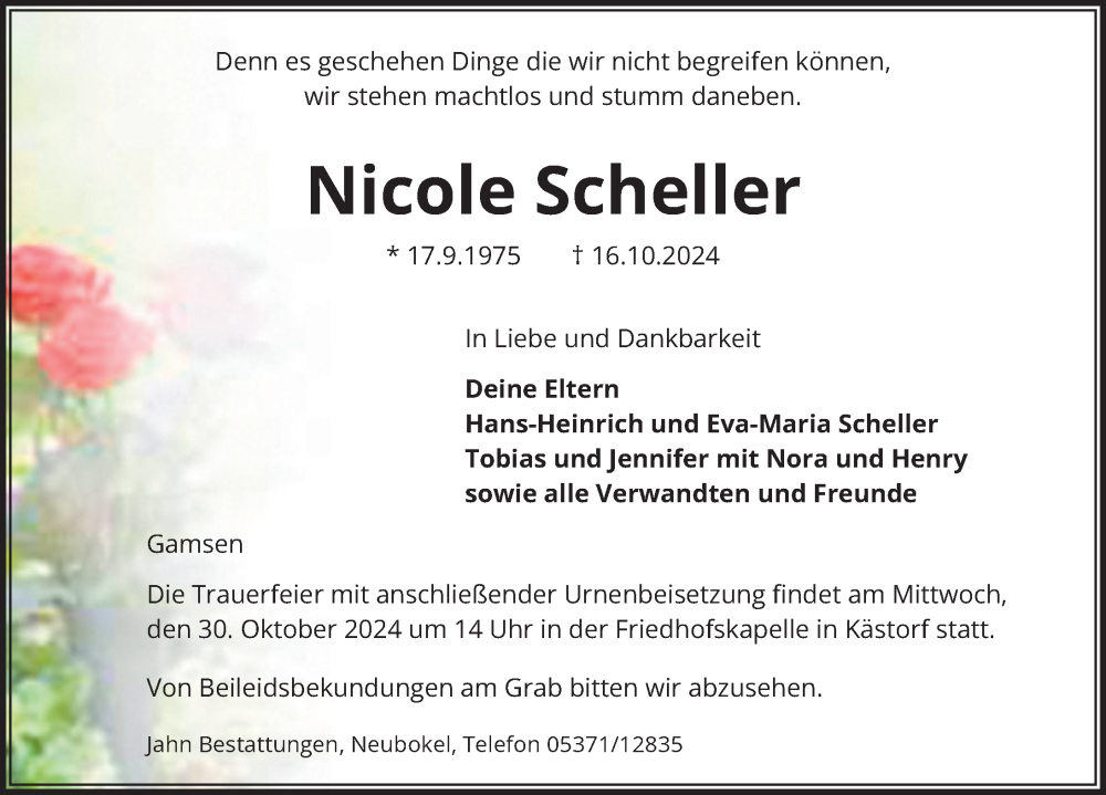  Traueranzeige für Nicole Scheller vom 19.10.2024 aus Aller Zeitung