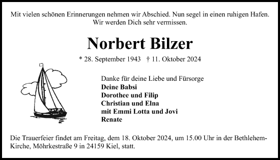 Traueranzeige von Norbert Bilzer von Kieler Nachrichten