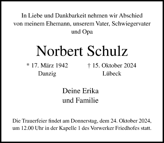 Traueranzeige von Norbert Schulz von Lübecker Nachrichten