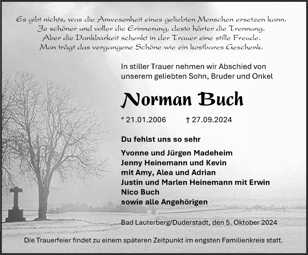  Traueranzeige für Norman Buch vom 05.10.2024 aus Eichsfelder Tageblatt