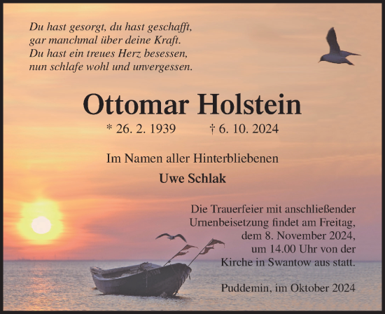 Traueranzeige von Ottomar Holstein von Ostsee-Zeitung GmbH