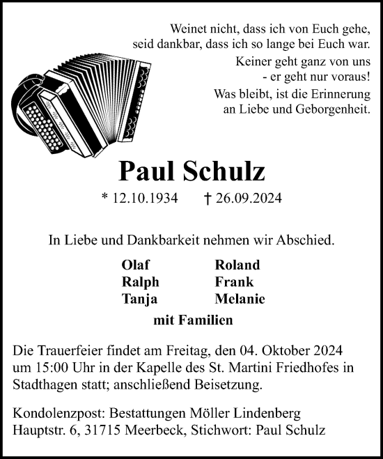 Traueranzeige von Paul Schulz von Schaumburger Nachrichten