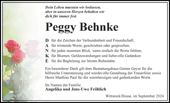 Traueranzeige von Peggy Behnke von Wochenspiegel