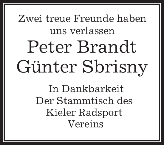 Traueranzeige von Peter Brandt von Kieler Nachrichten