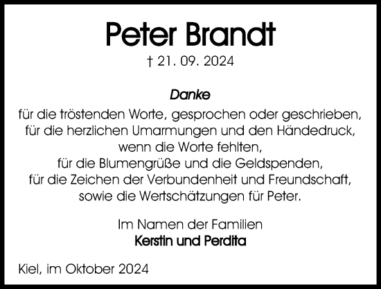 Traueranzeige von Peter Brandt von Kieler Nachrichten