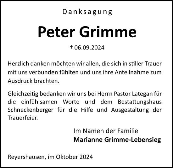 Traueranzeige von Peter Grimme von Göttinger Tageblatt