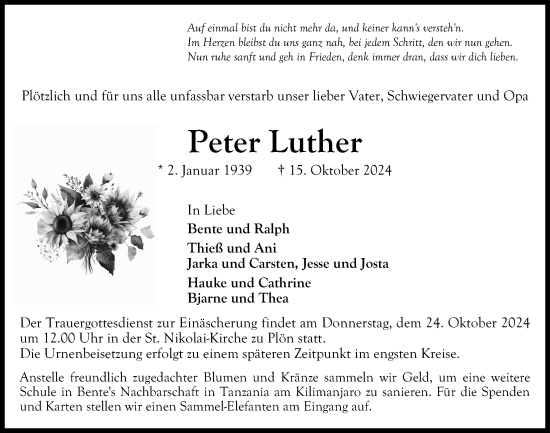 Traueranzeige von Peter Luther von Kieler Nachrichten