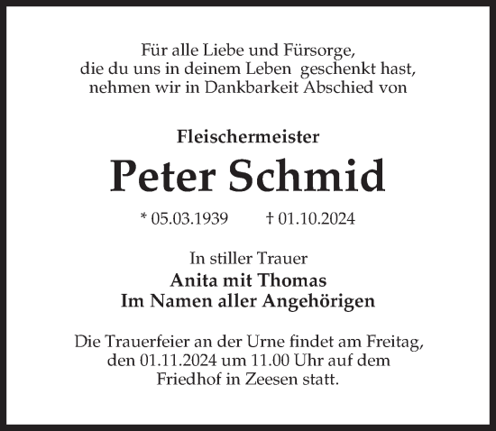 Traueranzeige von Peter Schmid von Märkischen Allgemeine Zeitung