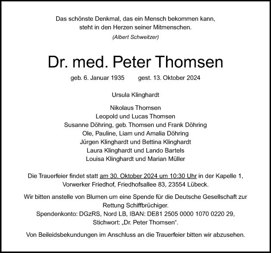 Traueranzeige von Peter Thomsen von Lübecker Nachrichten