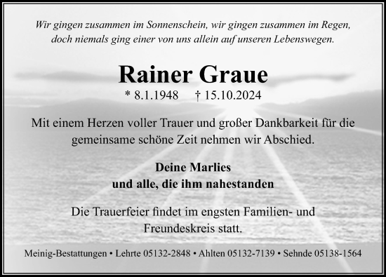 Traueranzeige von Rainer Graue von Hannoversche Allgemeine Zeitung/Neue Presse