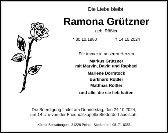 Traueranzeige von Ramona Grützner von Peiner Allgemeine Zeitung