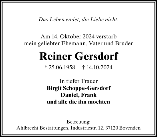 Traueranzeige von Reiner Gersdorf von Göttinger Tageblatt