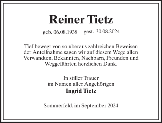 Traueranzeige von Reiner Tietz von Märkischen Allgemeine Zeitung