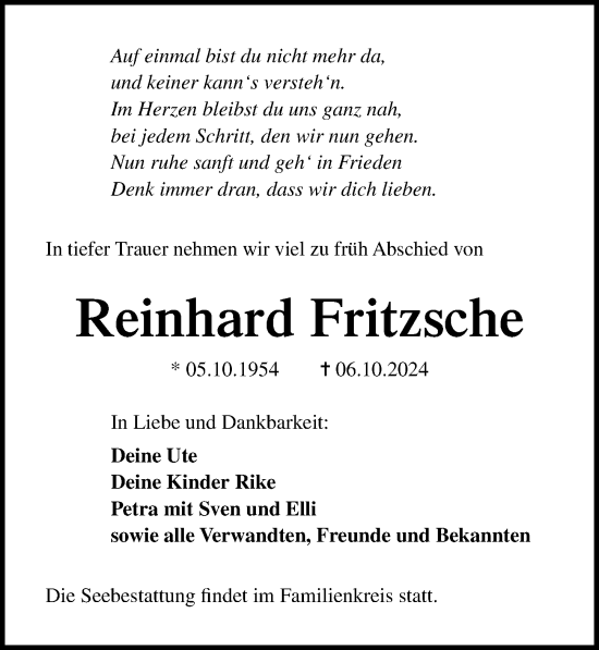 Traueranzeige von Reinhard Fritzsche von Ostsee-Zeitung GmbH