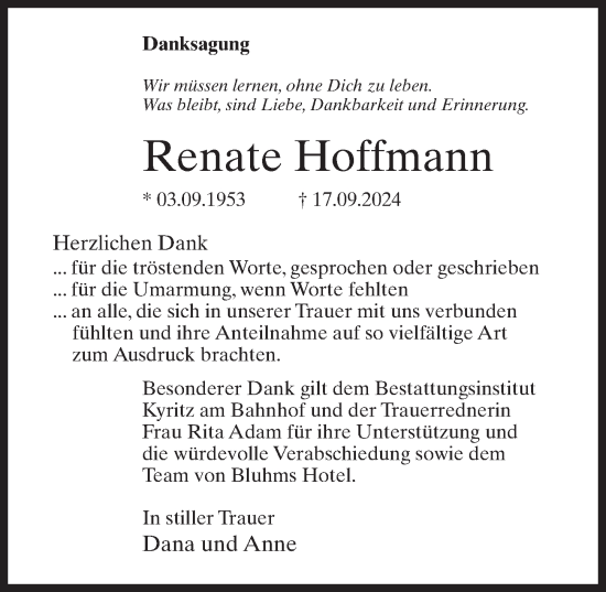 Traueranzeige von Renate Hoffmann von Wochenspiegel