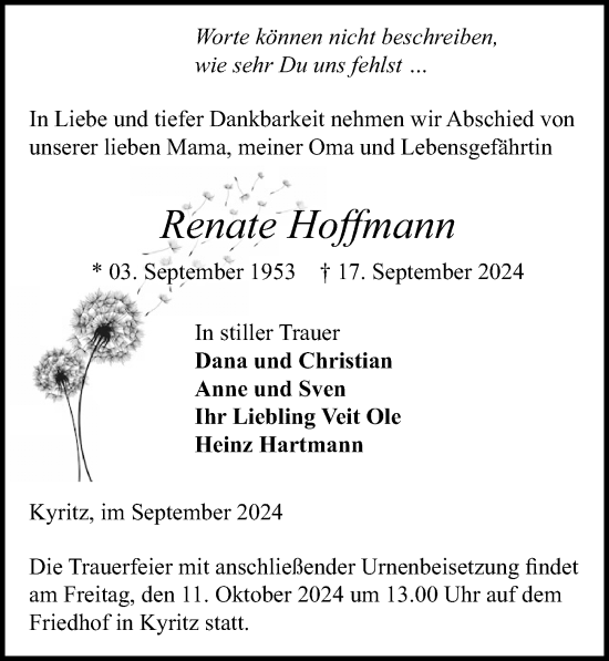 Traueranzeige von Renate Hoffmann von Wochenspiegel