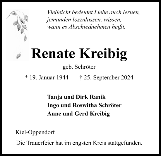 Traueranzeige von Renate Kreibig von Kieler Nachrichten