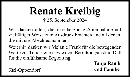 Traueranzeige von Renate Kreibig von Kieler Nachrichten