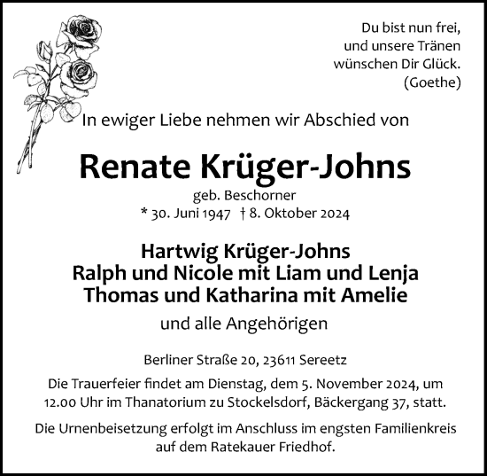 Traueranzeige von Renate Krüger-Johns von Lübecker Nachrichten