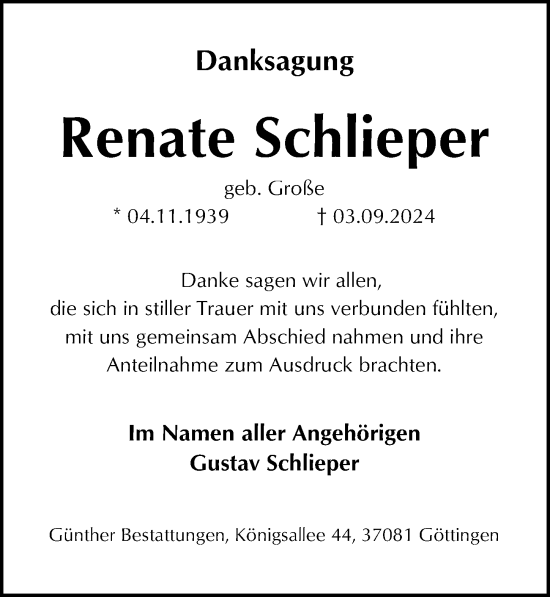 Traueranzeige von Renate Schlieper von Göttinger Tageblatt