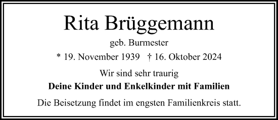 Traueranzeige von Rita Brüggemann von Lübecker Nachrichten