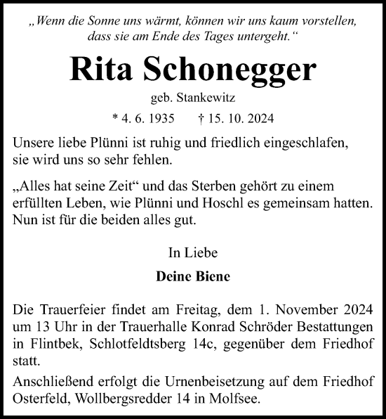 Traueranzeige von Rita Schonegger von Kieler Nachrichten