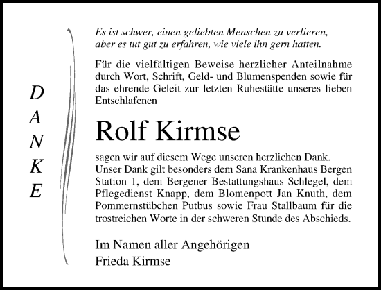 Traueranzeige von Rolf Kirmse von Ostsee-Zeitung GmbH