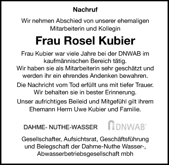 Traueranzeige von Rosel Kubier von Märkischen Allgemeine Zeitung