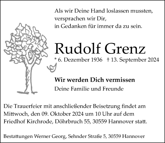 Traueranzeige von Rudolf Grenz von Hannoversche Allgemeine Zeitung/Neue Presse