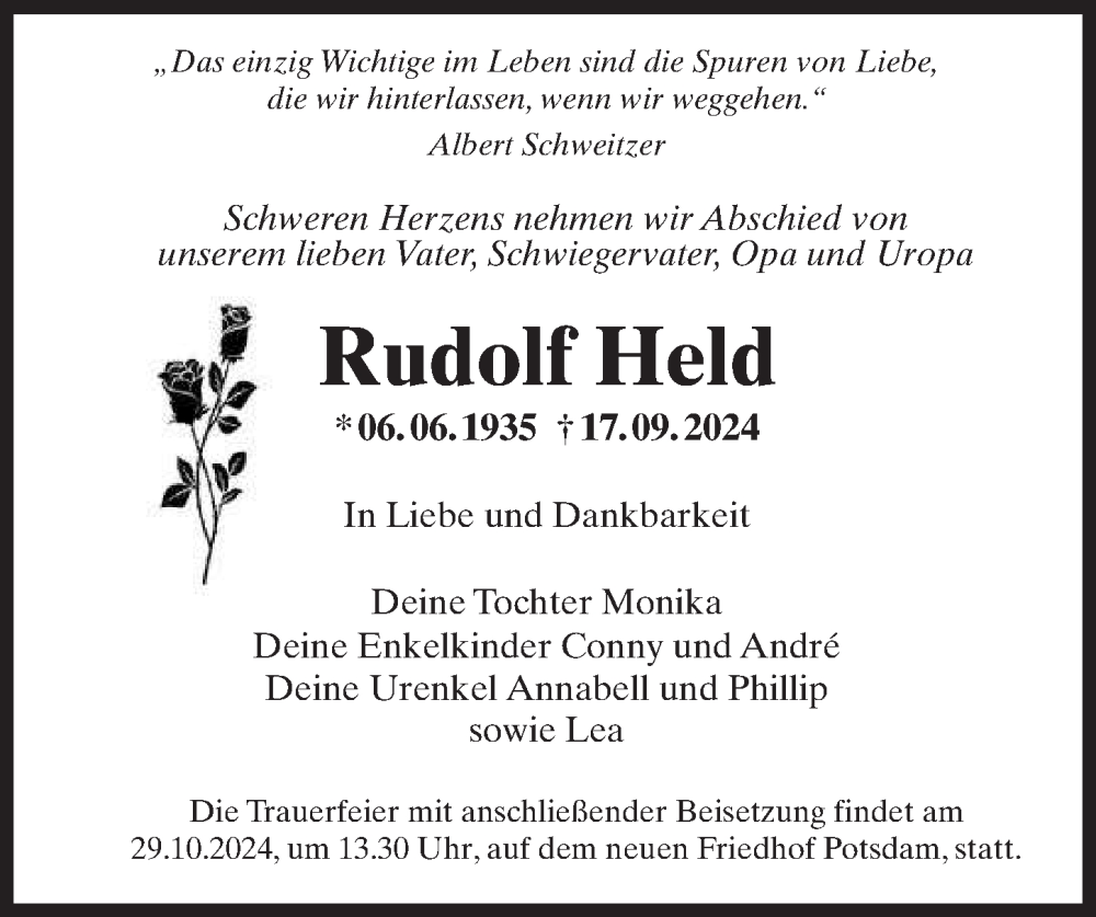  Traueranzeige für Rudolf  (Rudi) Held vom 26.10.2024 aus Märkischen Allgemeine Zeitung