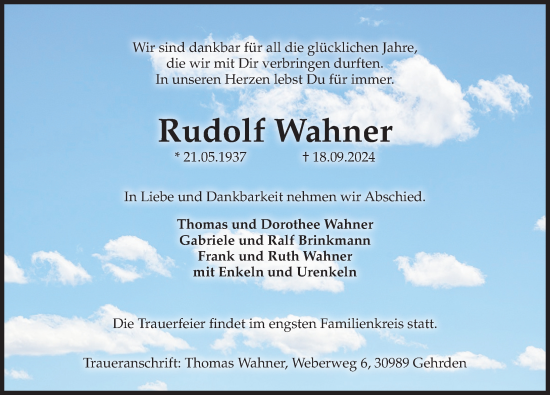 Traueranzeige von Rudolf Wahner von Hannoversche Allgemeine Zeitung/Neue Presse