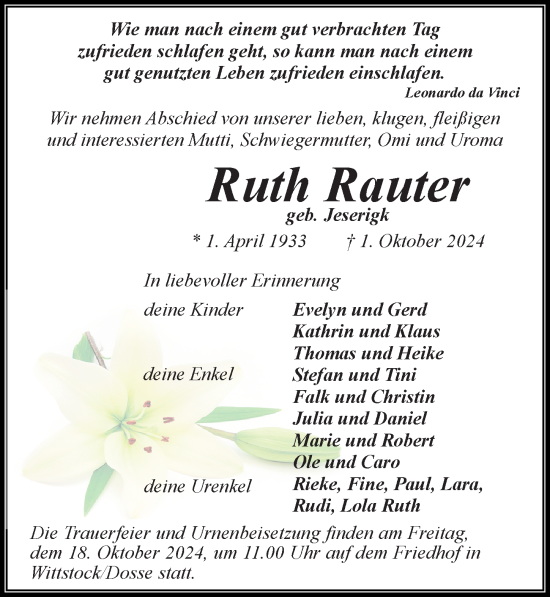 Traueranzeige von Ruth Rauter von Wochenspiegel