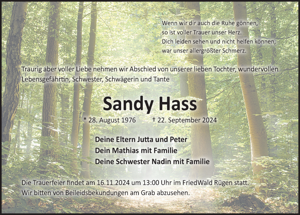  Traueranzeige für Sandy Hass vom 05.10.2024 aus Ostsee-Zeitung GmbH