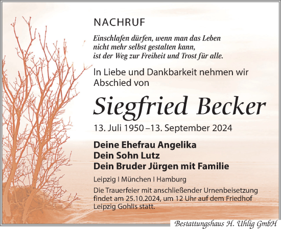 Traueranzeige von Siegfried Becker von Leipziger Volkszeitung